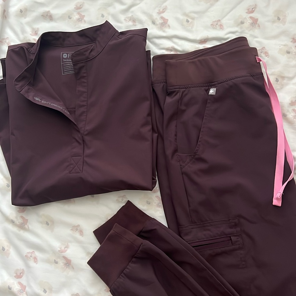 Figs Women's Top in Dark Brown with Pink Accents